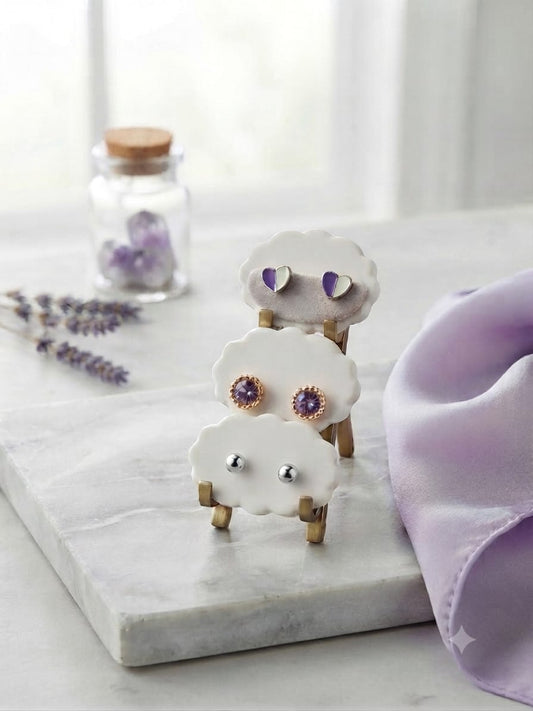 3-Pair Stud Earrings Set – Heart Enamel, Lavender Crystal & Classic Ball Studs