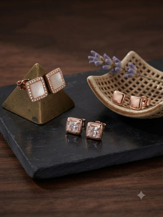 3-Pair Geometric Stud Earrings Set – Crystal, Pearl & Gold-Tone Square Designs