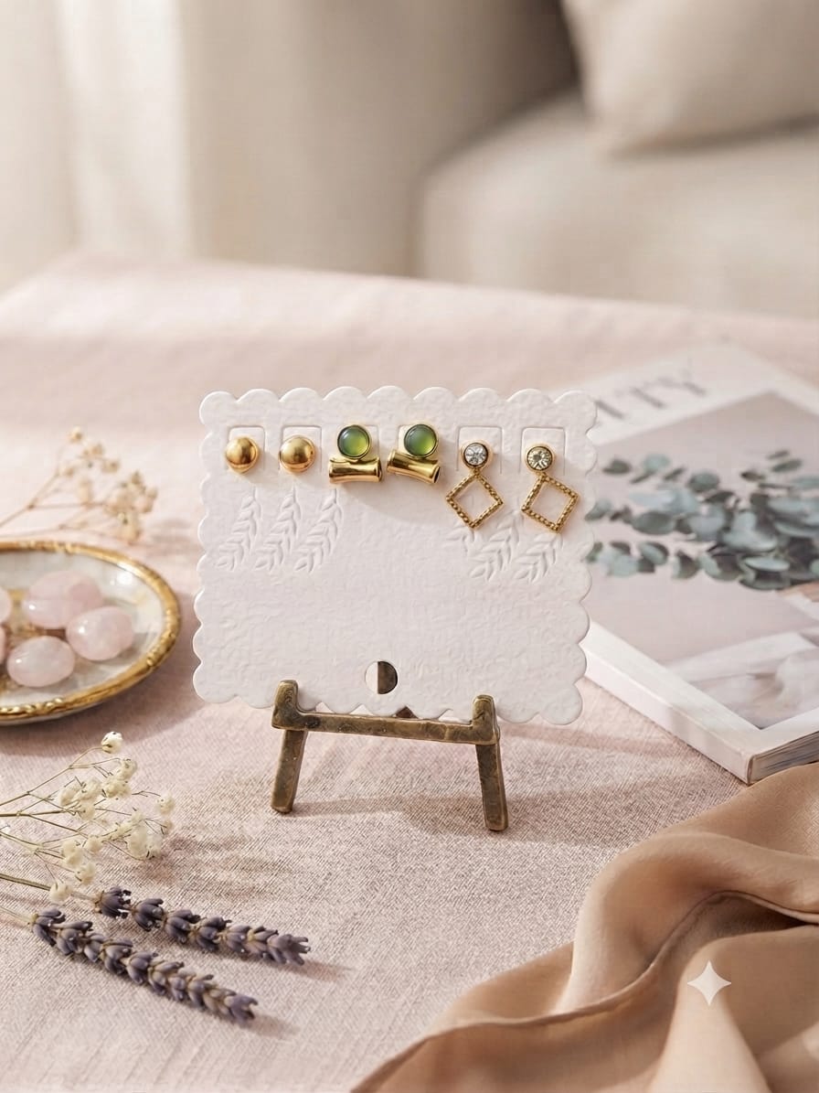 3-Pair Geometric Stud Earrings Set – Crystal, Green Stone & Gold-Tone Designs