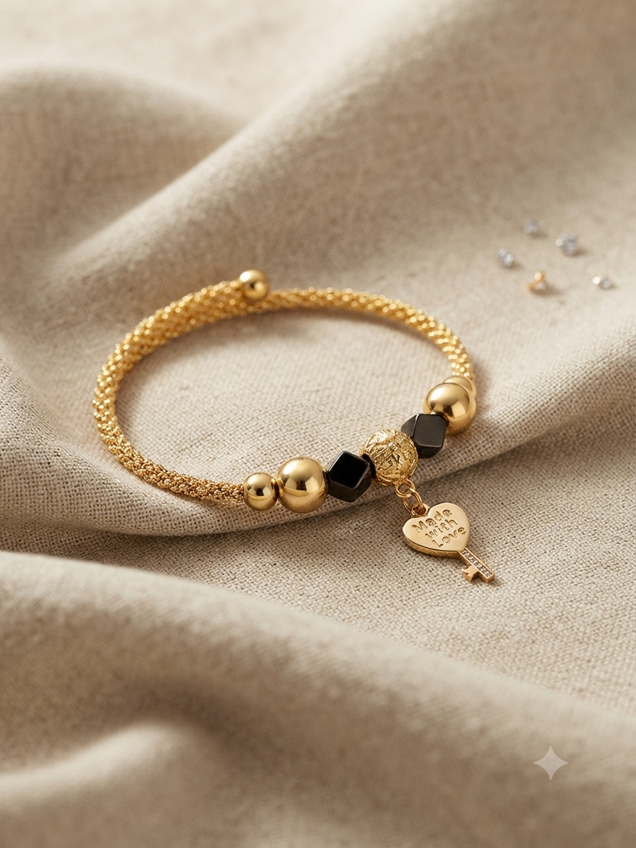 Amour Heart Key Accent Textured Gold-Toned Charm Cuff Bracelet