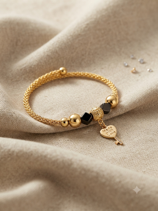 Amour Heart Key Accent Textured Gold-Toned Charm Cuff Bracelet