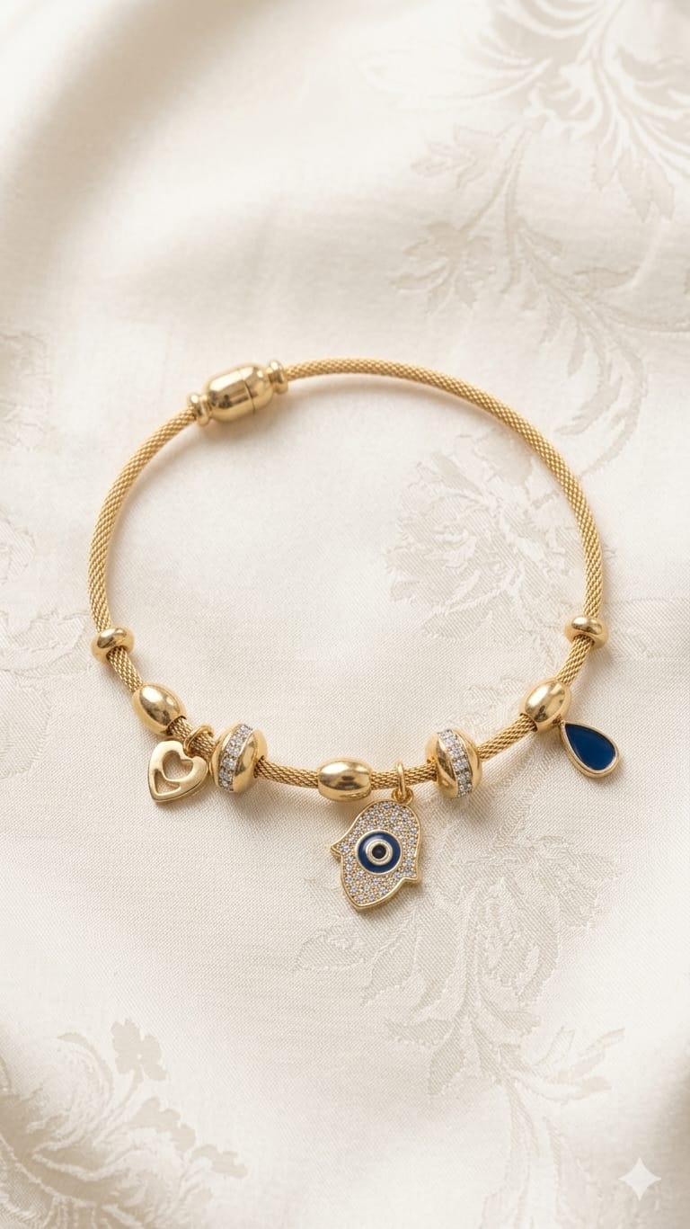 Celestial Evil Eye & Heart Multi-Charm Gold-Toned Cable Bracelet