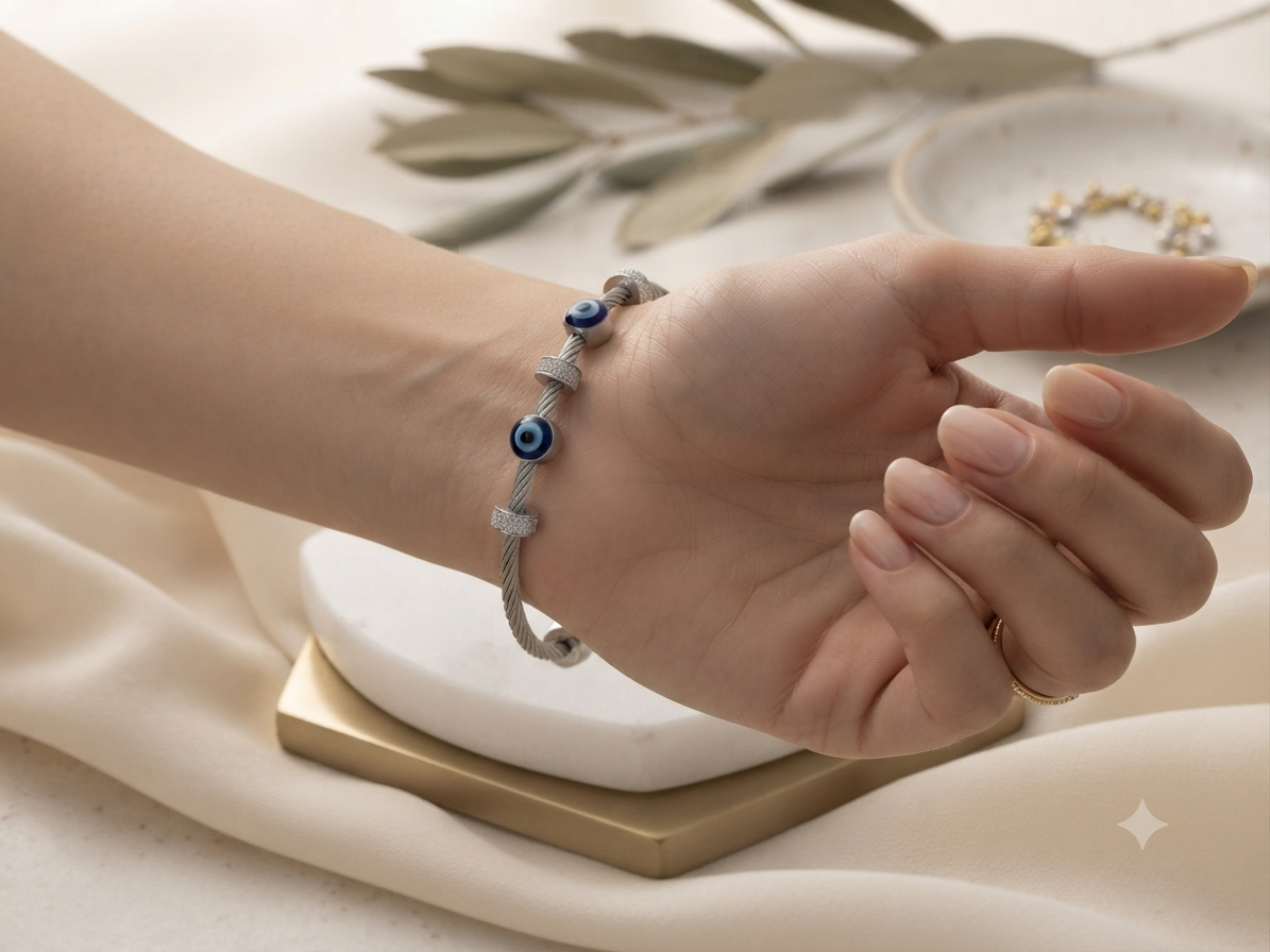Mystique Evil Eye Crystal Accent Cable Bangle Bracelet