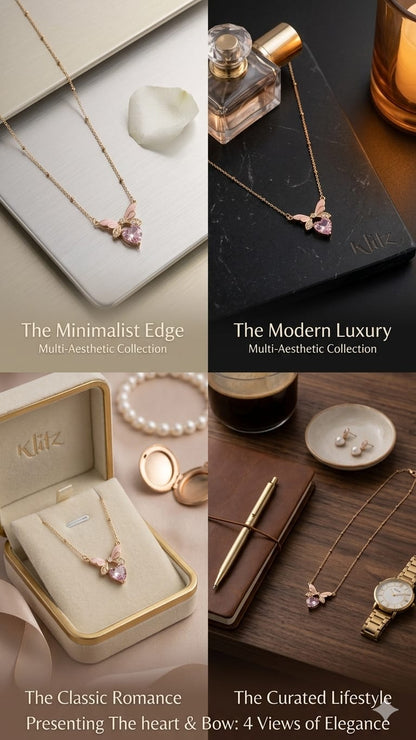 Pastel Pink Enamel Butterfly & Crystal Heart Necklace