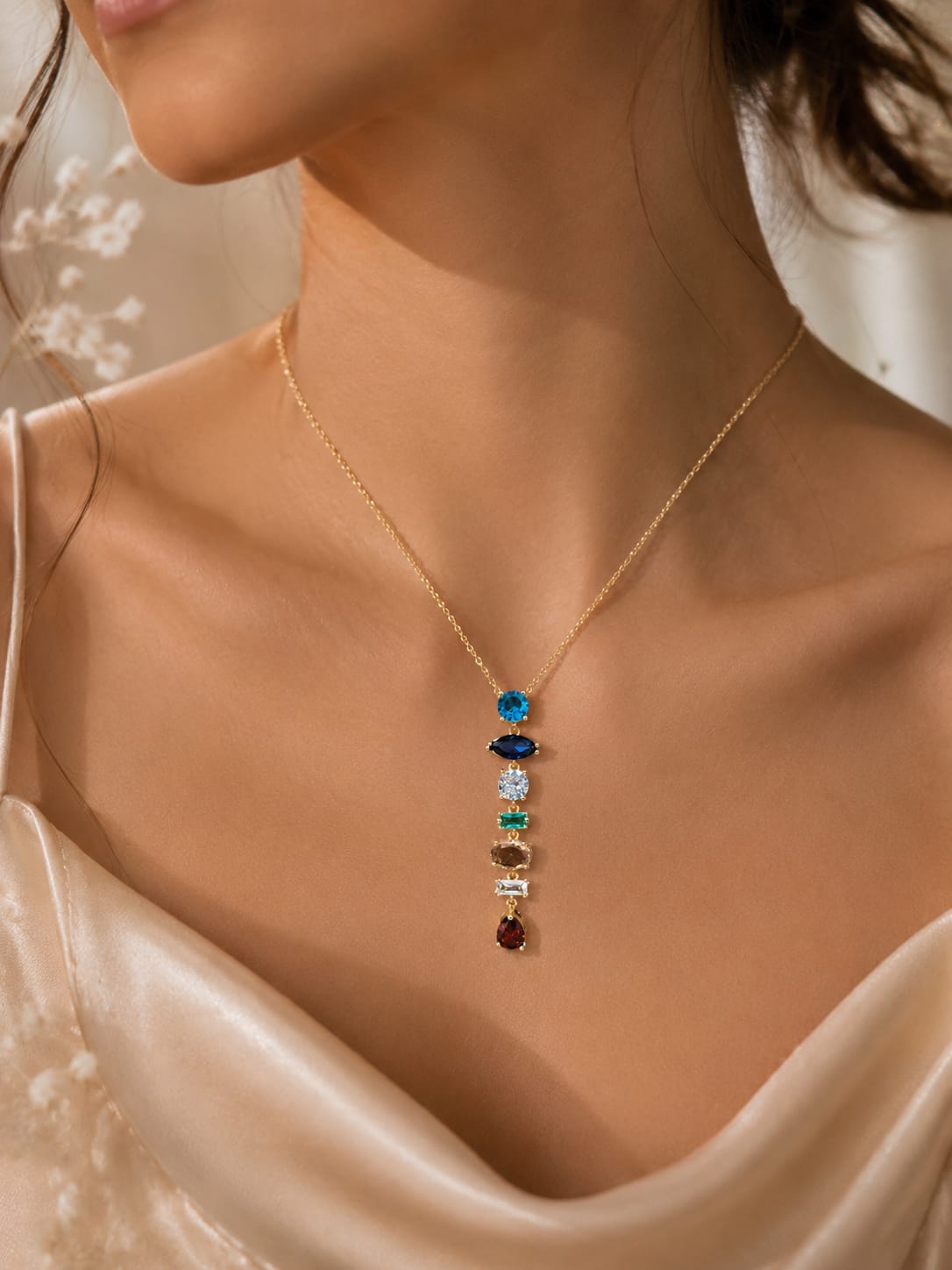 Rainbow Multi-Gemstone Vertical Drop Pendant Necklace