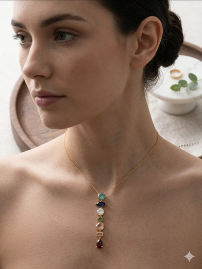 Rainbow Multi-Gemstone Vertical Drop Pendant Necklace