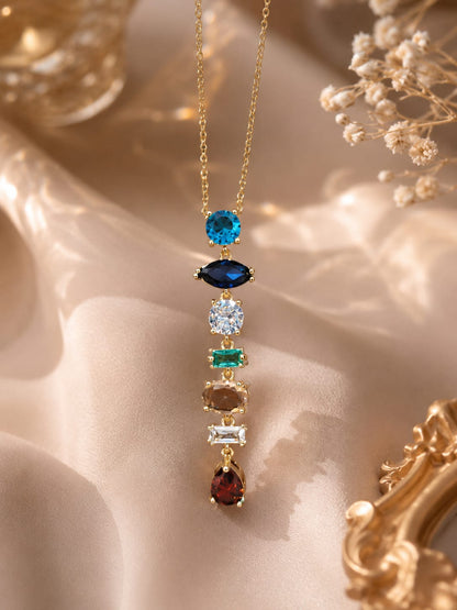 Rainbow Multi-Gemstone Vertical Drop Pendant Necklace