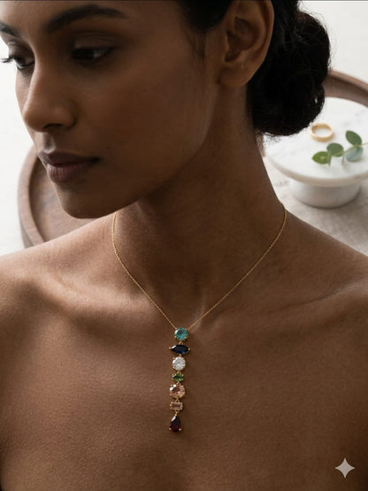 Rainbow Multi-Gemstone Vertical Drop Pendant Necklace