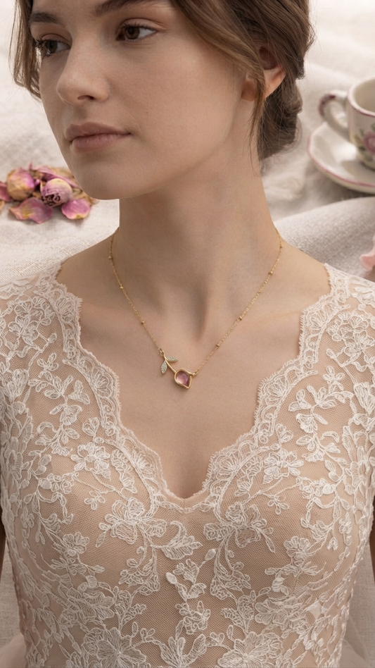 Crystal Leaf & Pink Stone Tulip Necklace