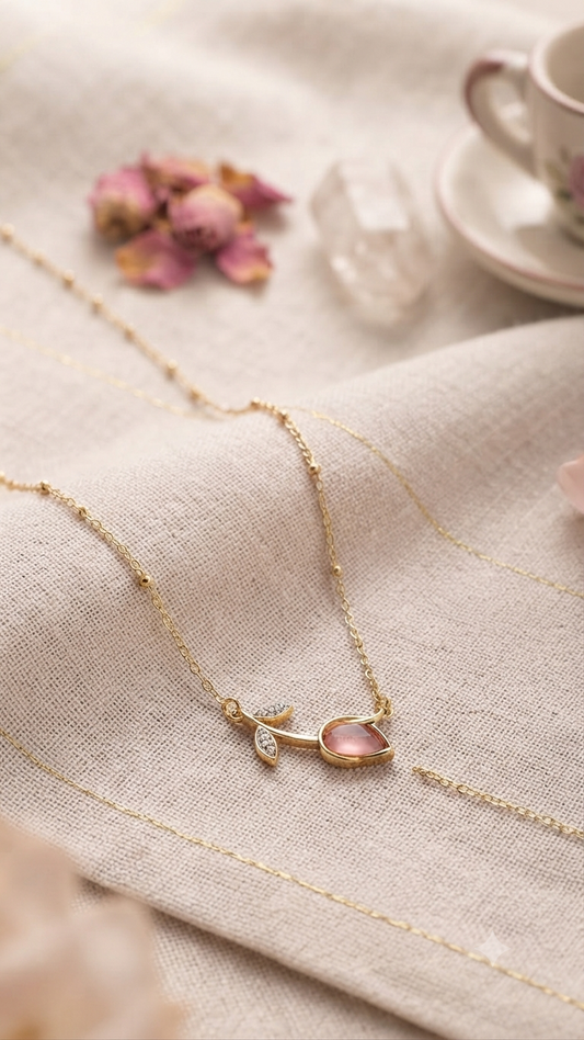 Crystal Leaf & Pink Stone Tulip Necklace