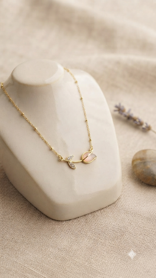 Dainty Tulip Crystal & Milky Cat's Eye Pendant Necklace