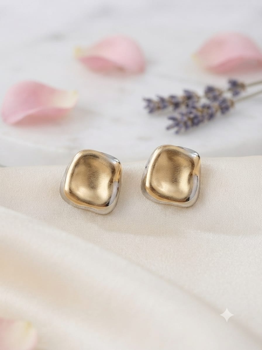 Dual-Tone Sculpted Square Stud Earrings – Modern Geometric Statement Earrings for Women