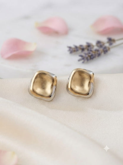 Dual-Tone Sculpted Square Stud Earrings – Modern Geometric Statement Earrings for Women