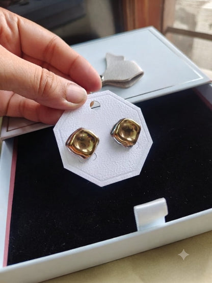 Dual-Tone Sculpted Square Stud Earrings – Modern Geometric Statement Earrings for Women