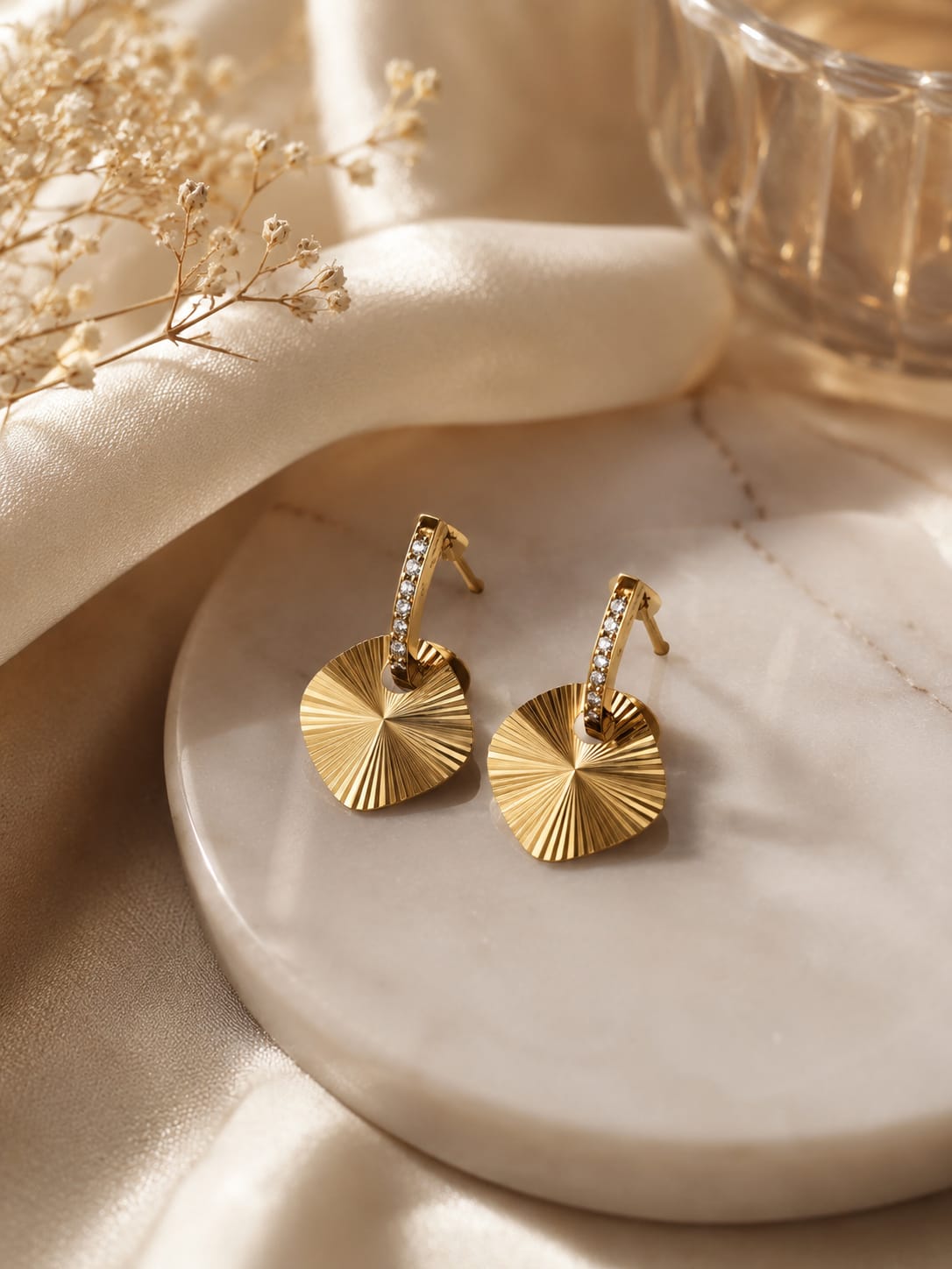 Gold-Tone Sunburst Disc Drop Earrings – Elegant Textured Statement Earrings for Women