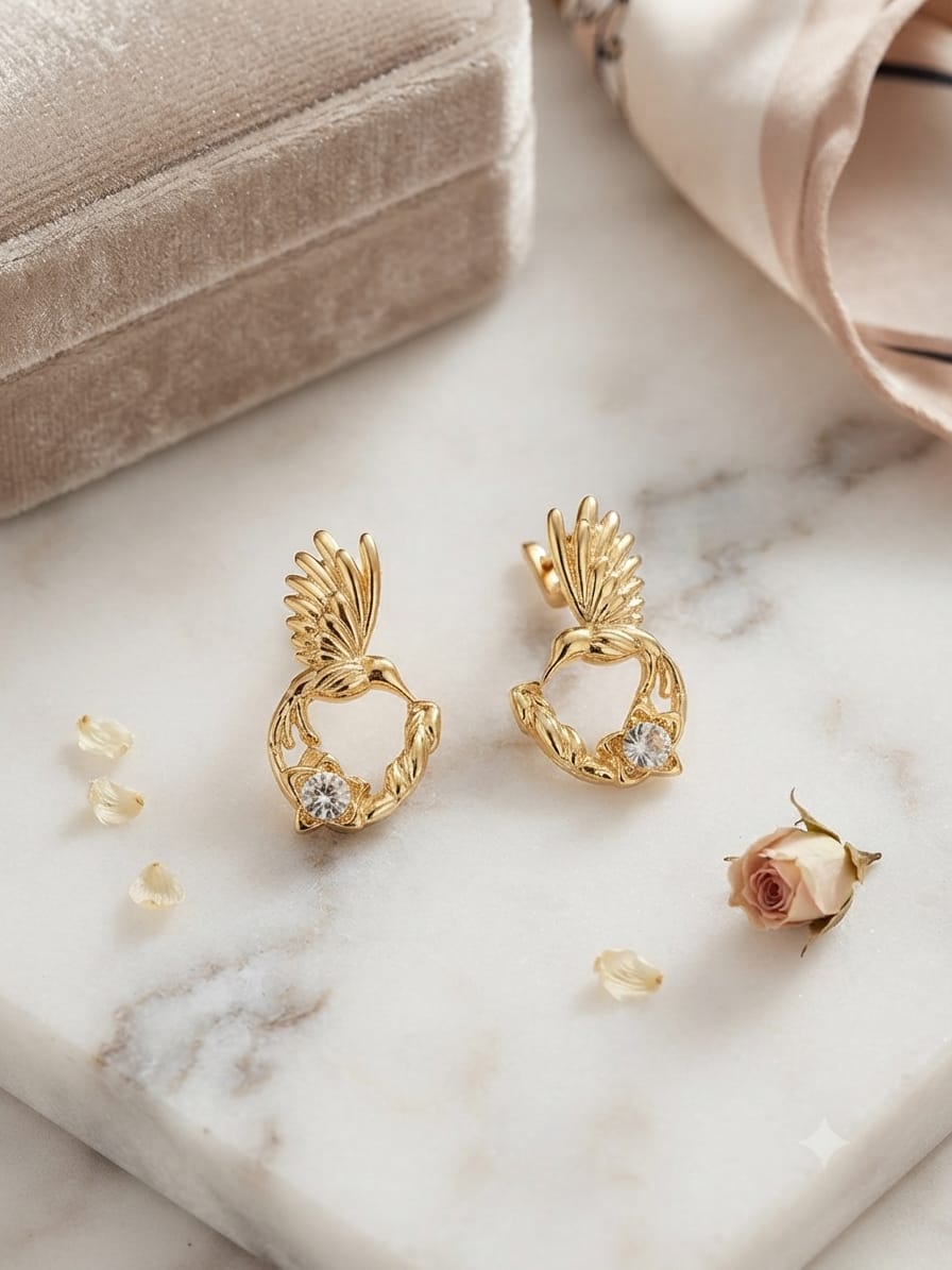 Gold-Tone Hummingbird Crystal Hoop Earrings – Clear Stone Edition