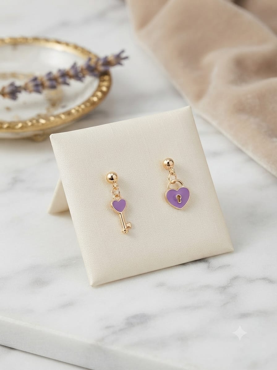 Purple Heart & Key Mismatched Stud Earrings