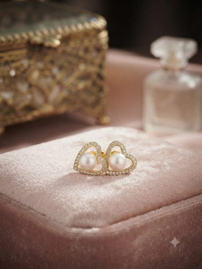 Elegant Pearl Heart Stud Earrings – Gold Tone Romantic Design