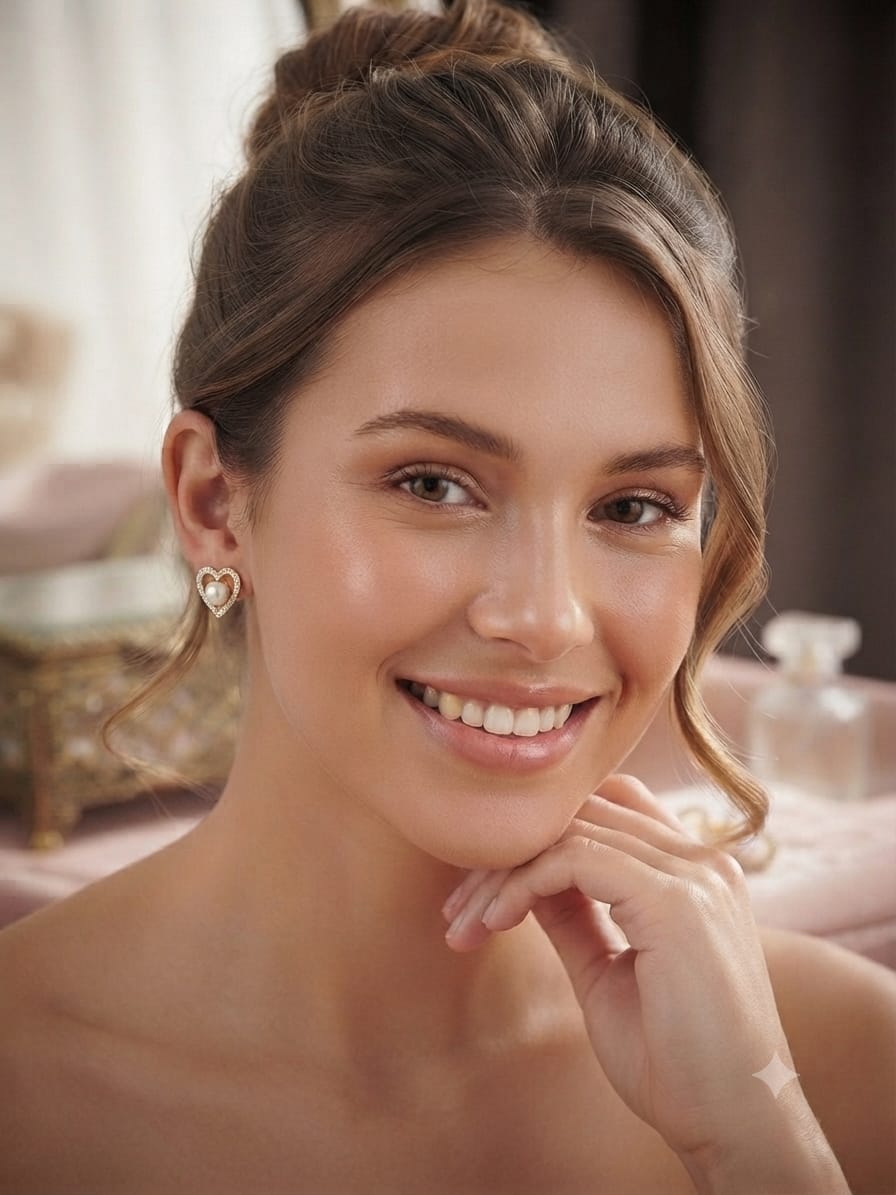 Elegant Pearl Heart Stud Earrings – Gold Tone Romantic Design