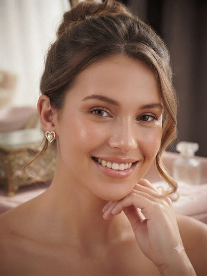 Elegant Pearl Heart Stud Earrings – Gold Tone Romantic Design