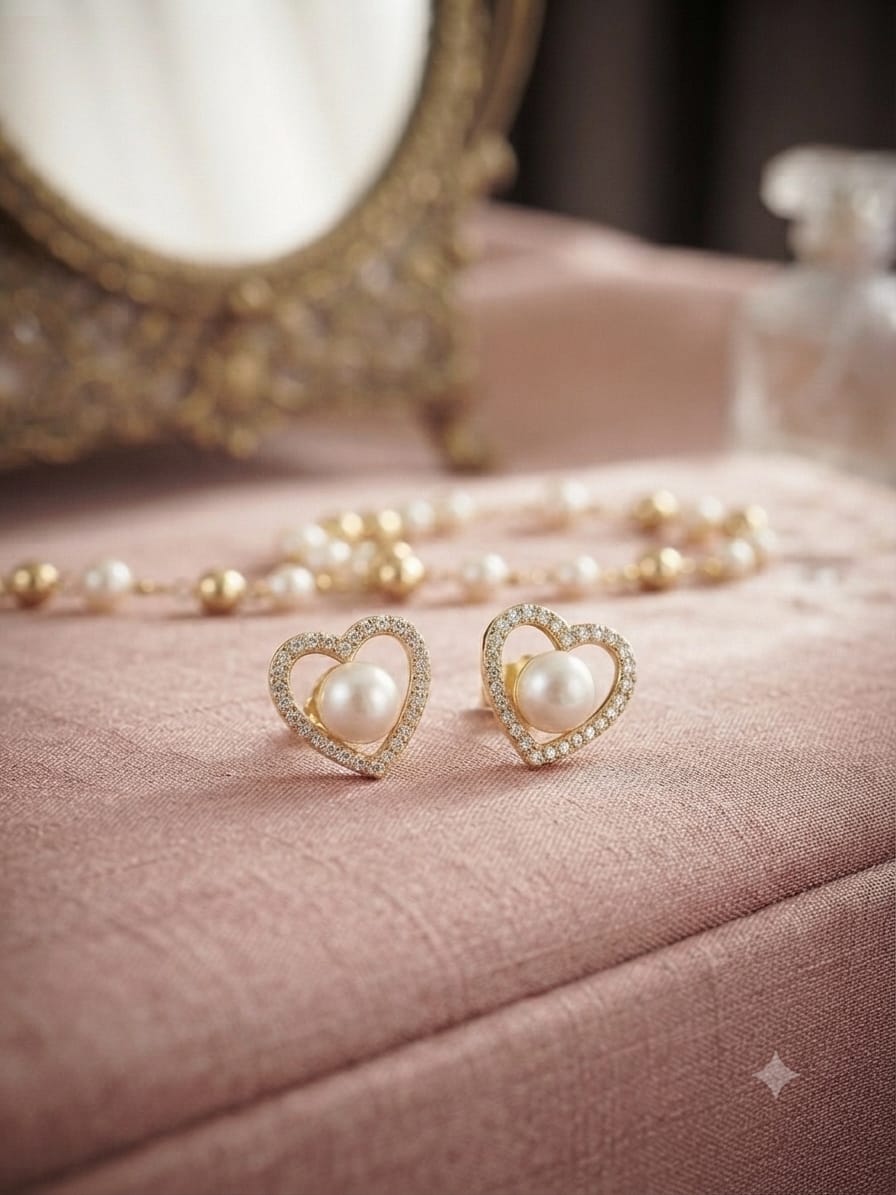 Elegant Pearl Heart Stud Earrings – Gold Tone Romantic Design