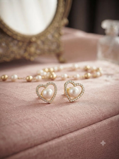 Elegant Pearl Heart Stud Earrings – Gold Tone Romantic Design