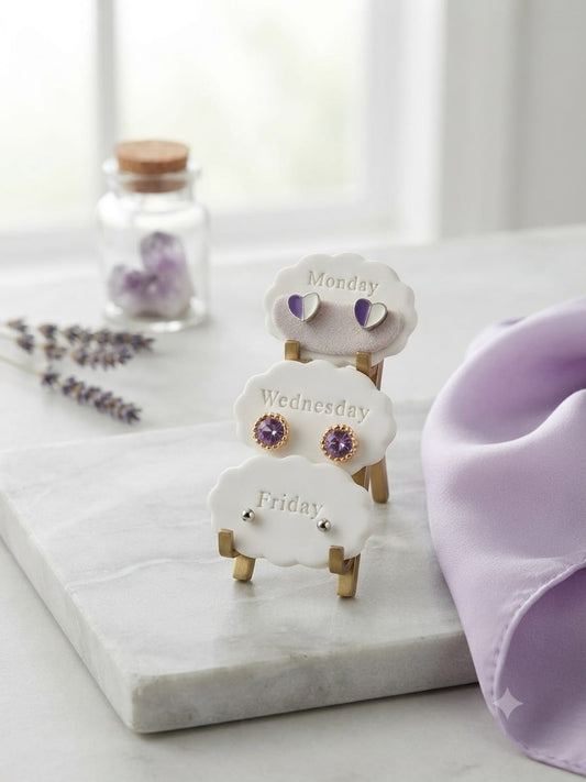 3-Pair Stud Earrings Set – Heart Enamel, Lavender Crystal & Classic Ball Studs