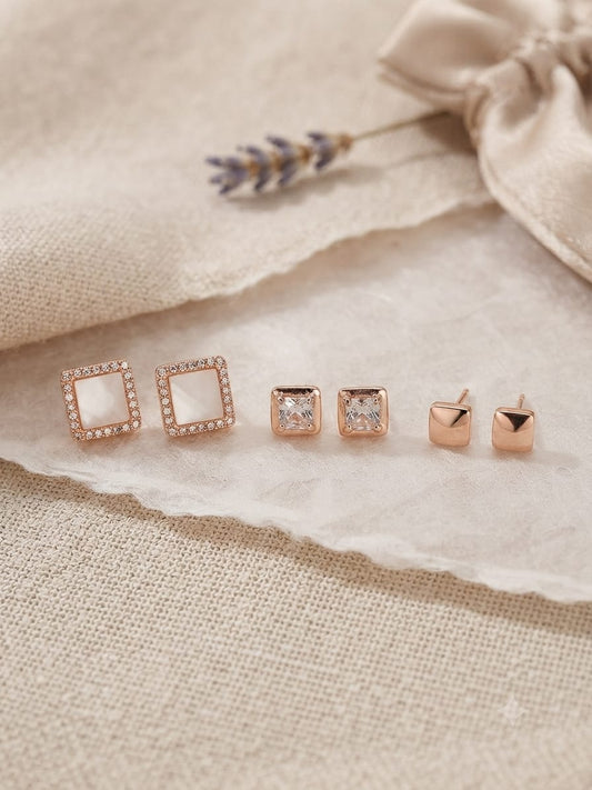 3-Pair Geometric Stud Earrings Set – Crystal, Pearl & Gold-Tone Square Designs