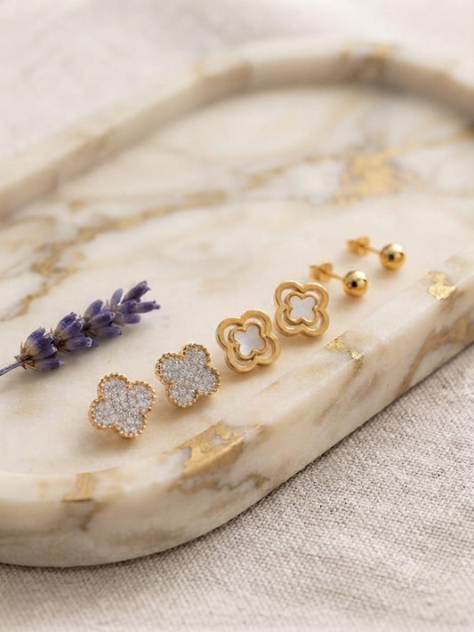 3-Pair Floral Stud Earrings Set – Crystal Flower, Hollow Clover & Gold Ball Studs