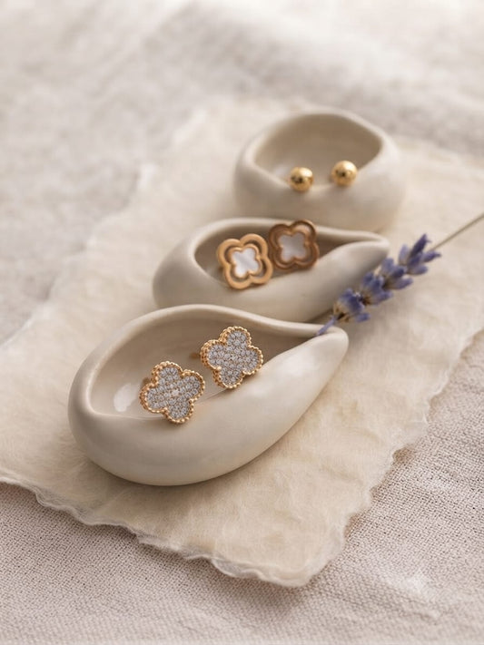 3-Pair Floral Stud Earrings Set – Crystal Flower, Hollow Clover & Gold Ball Studs