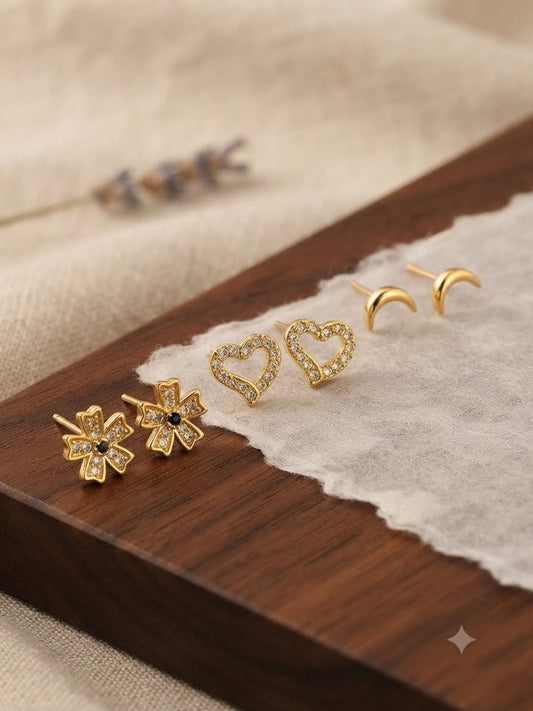 3-Pair Celestial Stud Earrings Set – Crystal Flower, Heart & Crescent Moon Designs