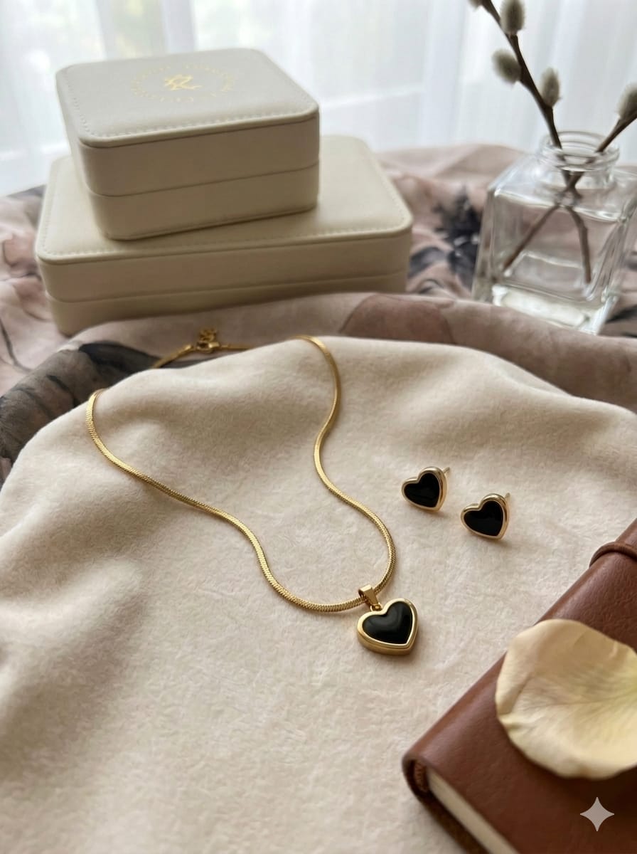 Black Enamel Heart Pendant Necklace & Stud Earrings Set