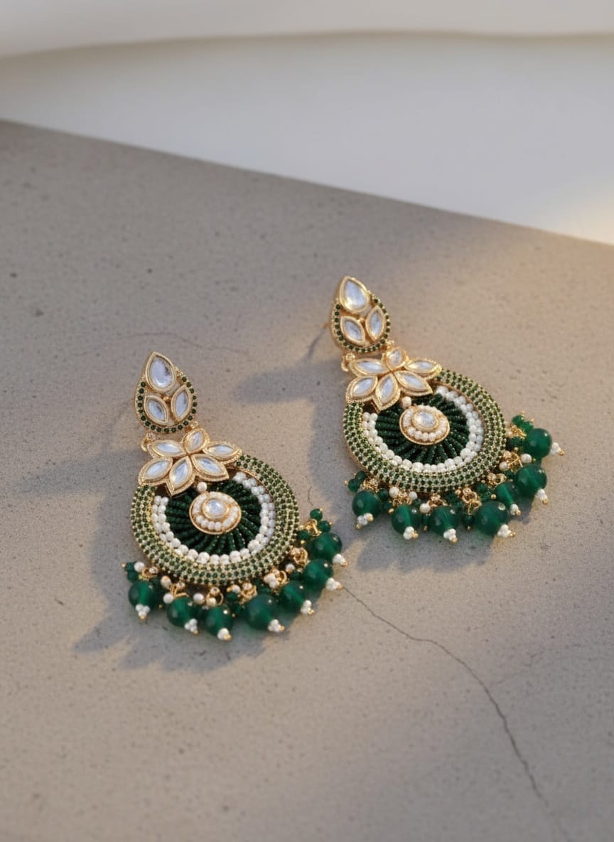 Royal Green Kundan & Bead Chandbali Earrings